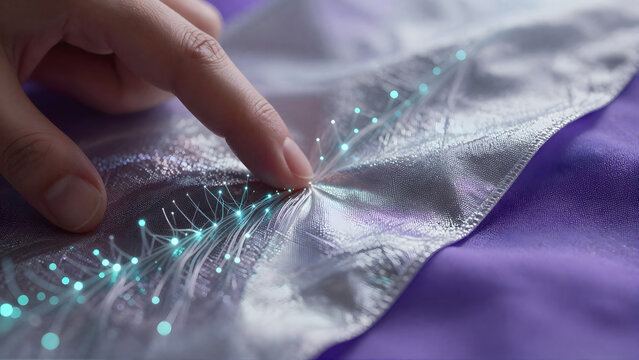 Close-up of smart fabric with fiber-optic threads and iridescent texture, futuristic kinetic fashion and wearable technology concept