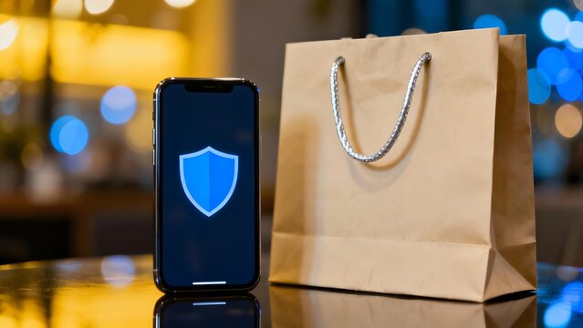 Smartphone displaying security shield icon next to a paper shopping bag on a reflective surface