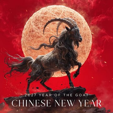 2027 year of the goat chinese new year celebration with dark ram statue chinese zodiac full moon spring festival hoofed animal sculpture mythical creature astrology celestial