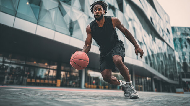 Athletic young man dribbling a basketball on an outdoor urban court, showcasing dynamic movement and focus. Modern glass building architecture creates a vibrant city sports atmosphere