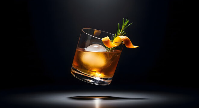 A classic cocktail garnished with fresh rosemary and a citrus twist, floating in mid-air against a dark background