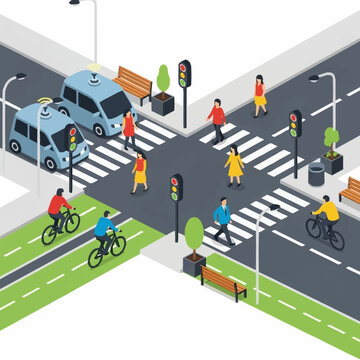Urban intersection with autonomous vehicles and cyclists.