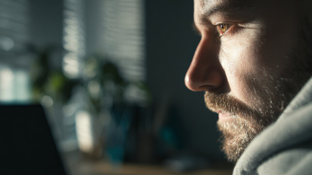 Close up portrait of a thoughtful man gazing out the window in soft natural light. The contemplative mood and subtle shadows create an introspective and emotional atmosphere