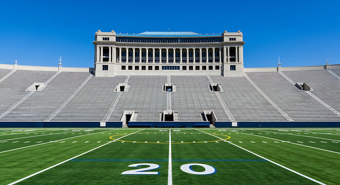 American football stadium field with twenty yard line and large stone grandstand architecture