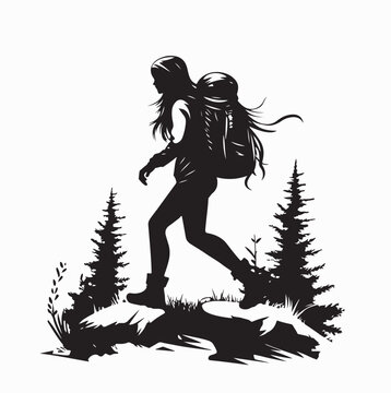 Solo Female Hiker In The Wild Forest Silhouette Illustration