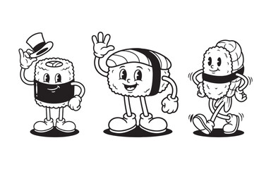 Vintage Sushi and Rice Bowl Mascot Characters in Rubber Hose Cartoon Style © trianatio