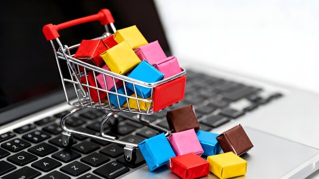 Mini shopping cart filled with colorful blocks on a laptop keyboard