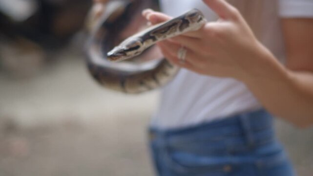 Young woman holding a python snake in an abandoned urban environment, wild concept