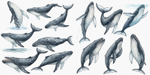 Watercolor illustration of various humpback whales in different poses, showcasing their majestic presence in the ocean. © Akun
