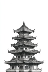 Fototapeta premium Traditional asian pagoda temple engraving sketch detailed architecture isolated on white background