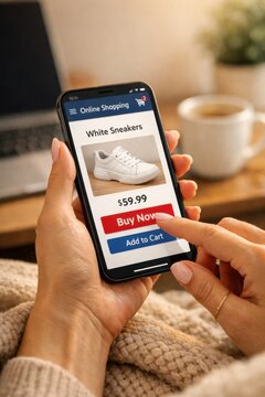 woman holding phone with online shopping app