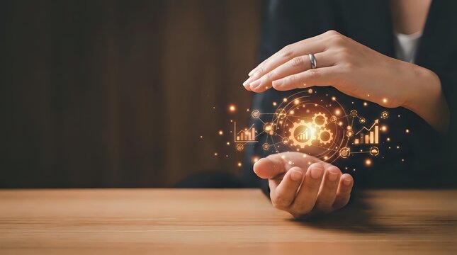 Female hands protecting glowing lightbulb with digital network connections symbolizing innovation, creativity and business idea protection concept.