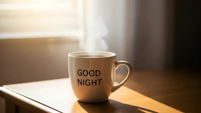 Relaxing Nighttime Ritual: Steaming Beverage with "Good Night" Mug in Cozy Sunlight