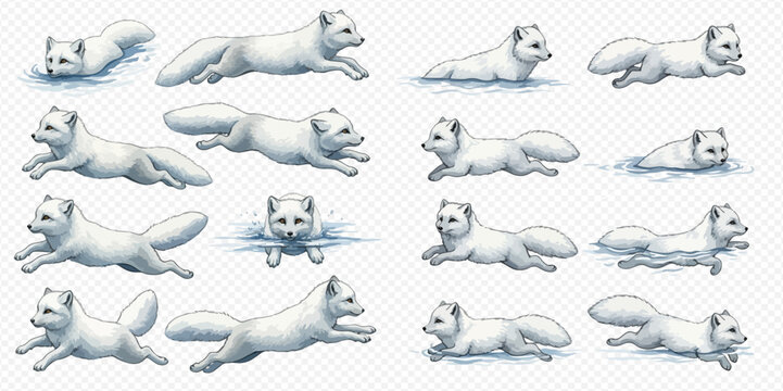 Set of arctic fox sprites in various poses, running, jumping, and swimming, isolated on a transparent background.