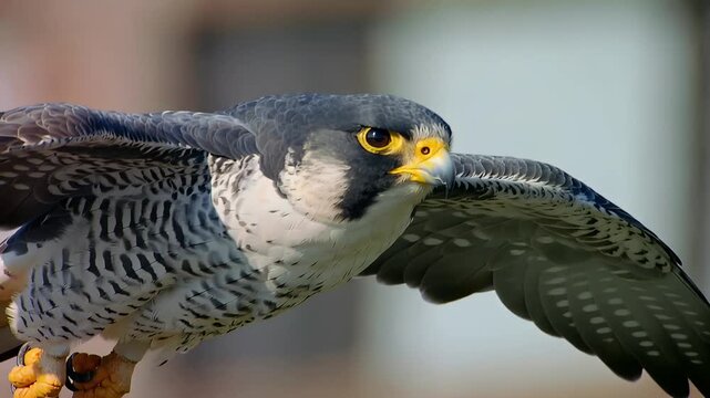 Peregrine falcon flying in the sky over a city during the day in a suburban area