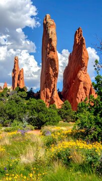 A scenic view of red rock formations in a field of wildflowers