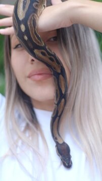 Young woman holding python snake portrait closeup, wild nature concept