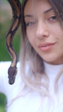 Young woman holding python snake portrait closeup, wild nature concept