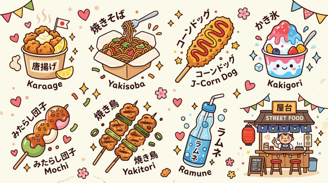 A vibrant illustration showcasing a variety of popular Japanese street foods and drinks, including karaage, yakisoba, corn dogs, kakigori, dango, yakitori, and ramune, with a charming food stall.