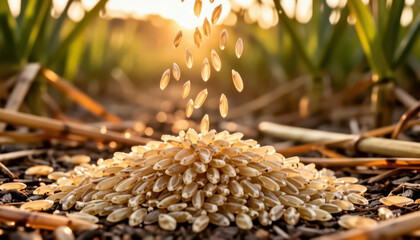 Fototapeta premium Golden grains of seed scatter above a mound of seeds, creating a visual spectacle. The field behind the mound is lush and green, adding to the agricultural scene.