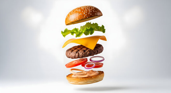 Exploded view of a classic hamburger with all ingredients floating in mid-air against a clean white background