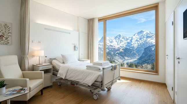 Serene modern hospital room design featuring exclusive mountain view and expansive alpine landscape framed by large window and natural light.
