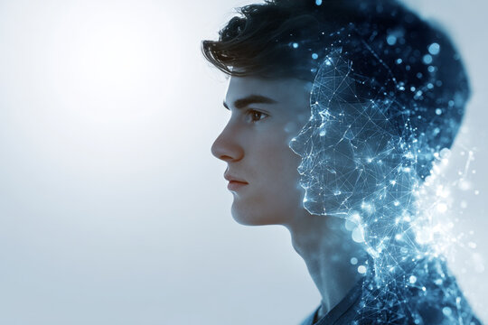Young man looking forward with futuristic digital double composed glowing blue network connections. Artificial intelligence, digital identity, human technology integration in modern society