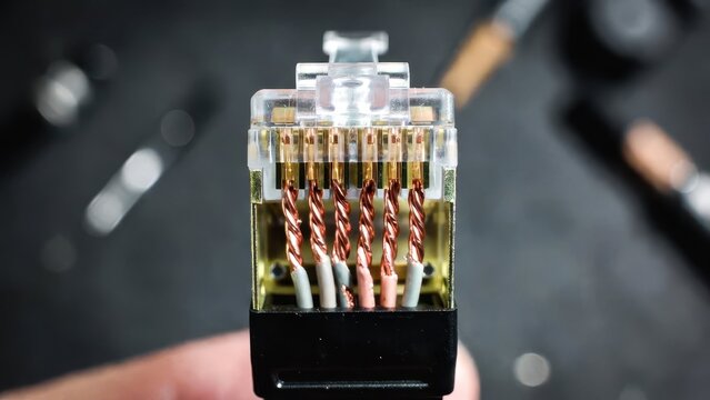 Close-Up of Ethernet Cable Connector and Twisted Pair Wiring