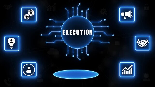Digital concept of execution with glowing icons and central text action implementation.4k Animation.