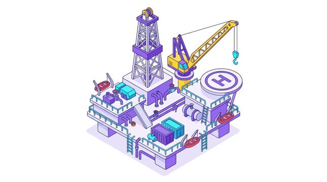 Isometric illustration of an offshore oil rig with crane and helipad on white
