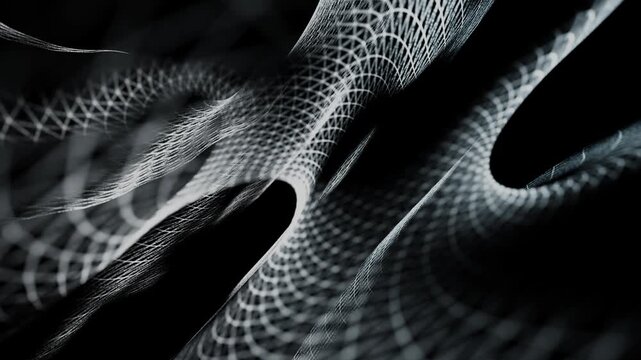 Monochrome mesh waves twist in dark space, forming an elegant abstract structure with depth, motion, and sleek modern digital aesthetic.