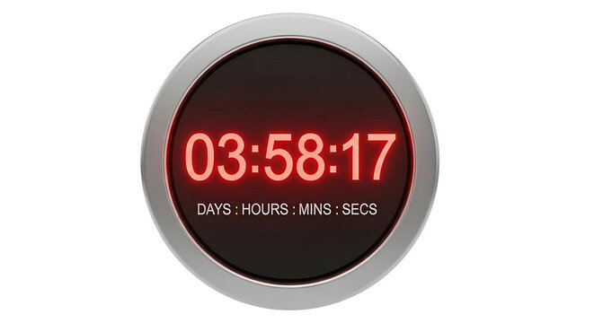 58:17 on a sleek circular device with a silver border and red LED numbers on a black background.