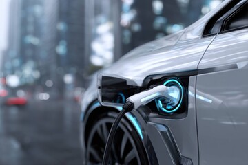 Naklejka premium Electric car charging at station with cable connected to vehicle, futuristic technology and clean energy concept for sustainable transportation in urban environment.