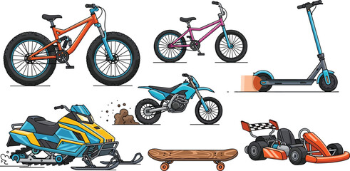 Sport and Adventure Vehicle Icon Set with Fat Bike, Kids Bicycle, Electric Scooter, Snowmobile, Dirt Bike, Skateboard, and Go Kart Elements for Recreation and Extreme Sport Designs © MdMojnu