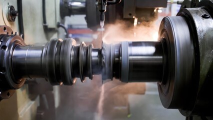 Naklejka premium Precision Machining of Metal Component in Industrial Workshop Environment