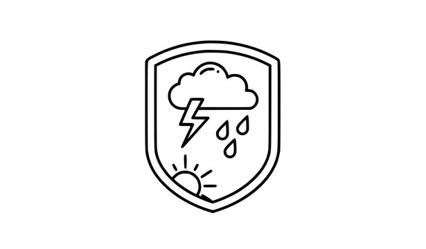 A weather shield icon with rain cloud and lightning bolt