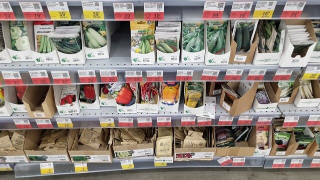Vegetable seed packets on retail store shelf