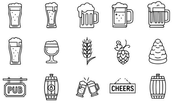 A set of black and white line art beer icons and illustrations