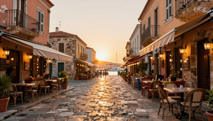 Fototapeta premium A scenic street features charming cafés and restaurants along the water. The sunset casts a warm glow over the cobblestones and lively outdoor seating.