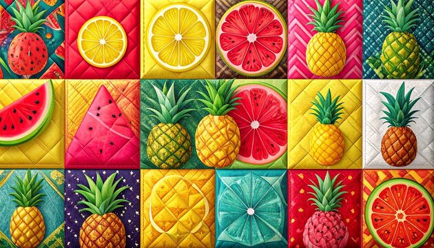 パイナップル、レモン、スイカ、グレープフルーツをあしらったカラフルなパッチワーク風キルティングテクスチャ