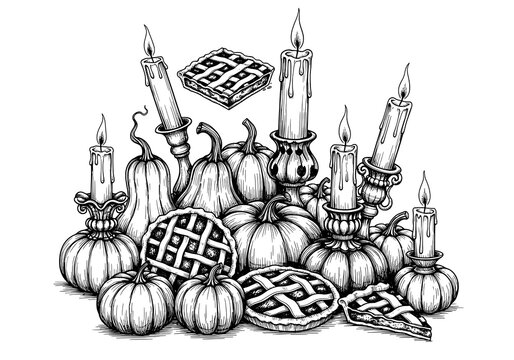 Hand-drawn Autumn Thanksgiving Still Life with Pumpkins, Candles, and Lattice Pies