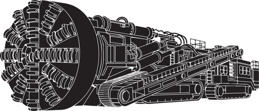Industrial tunnel boring machine, heavy construction equipment, mechanical engineering, vector illustration