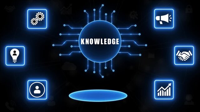 Knowledge Concept with Connected Icons and Glowing Central Hub learning education.4K Animation.
