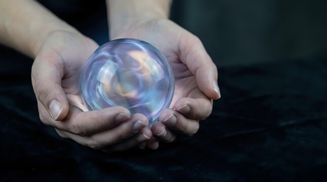 Hands holding glowing crystal ball with mystical light effects for fortune telling and spiritual guidance concepts.