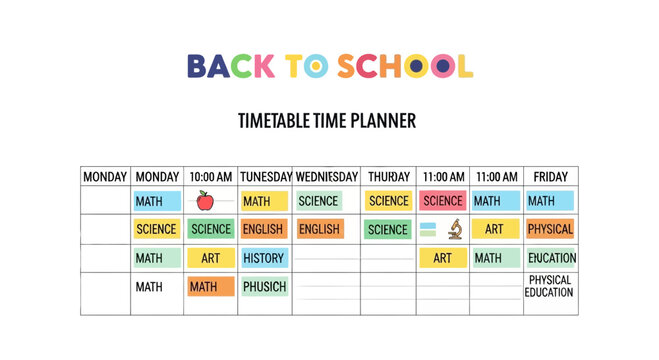 Back to school timetable time planner, colorful weekly class schedule vector, educational lesson organizer with subject labels and icons