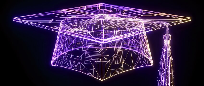 Glowing neon graduation cap with digital wireframe design on dark background. Modern educational technology concept for academic achievement and learning.