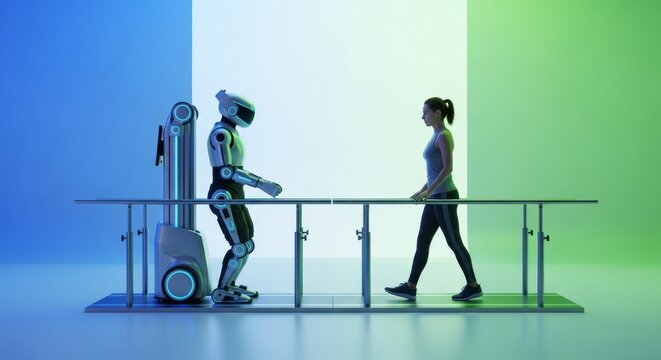 Symmetrical composition of a medical robot and a rehabilitation subject walking between parallel bars in a bright modern clinical facility, future, figure, hospital
