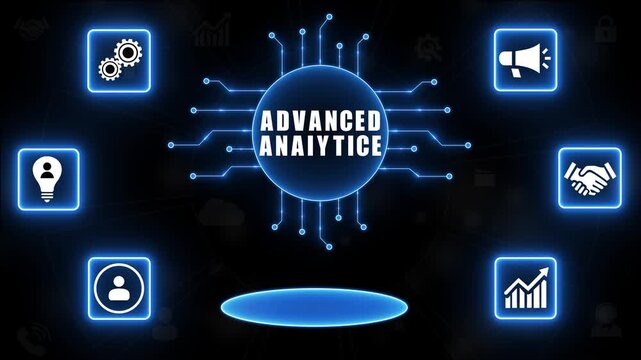Centralized Advanced Analytics Concept with Surrounding Business Icons and Digital Network data analysis.4K Animation.