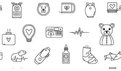 Fototapeta premium A set of black and white line art icons featuring various medical and healthcare symbols