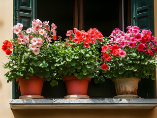 Fototapeta premium Bright geraniums and petunias growing in clay pots on a sunny balcony railing
